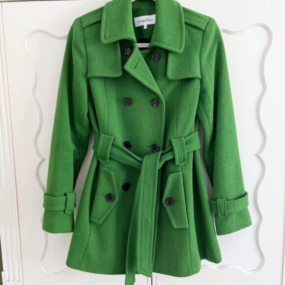 Calvin Klein Wool Blend Peacoat Double Breasted Jacket Coat Belted Size 4 Green - Picture 1 of 14